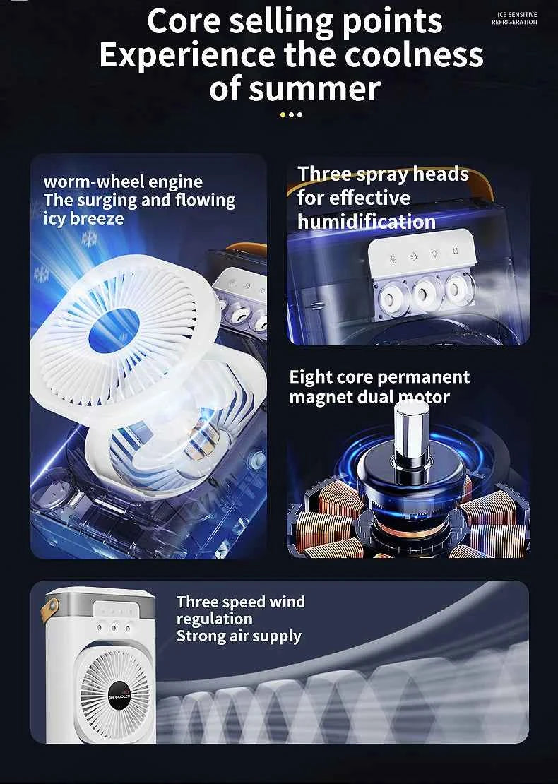 Portable air conditioning fan household 5000 mA desk humidifier small fan office three hole spray fan with color night light