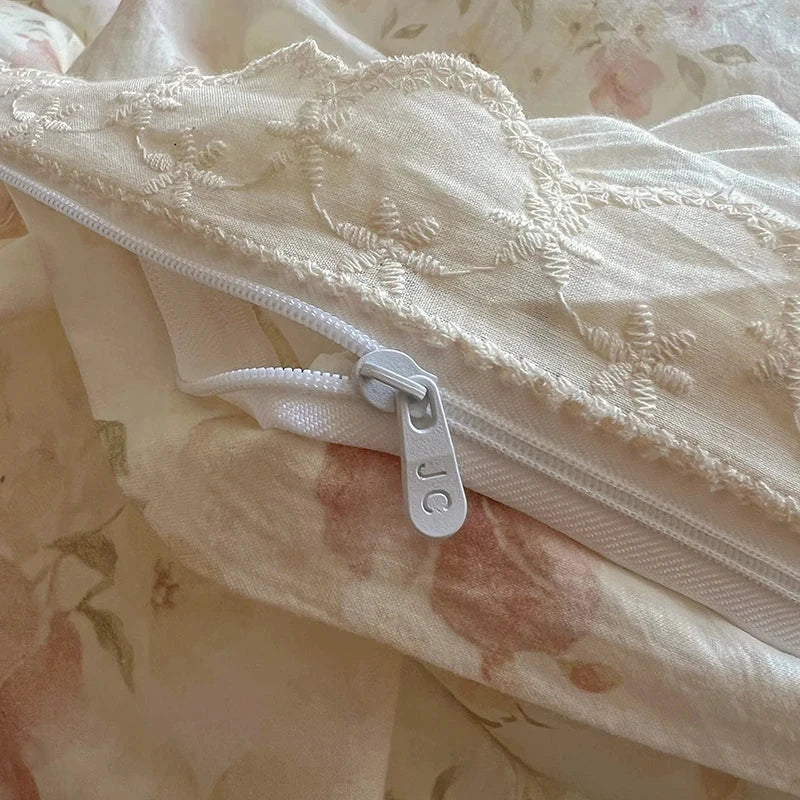 Washed Cotton Duvet Cover Sets Single/Queen/king Flower Printed Bedding Set Princess Style e housse de couette 220x240 with Lace - AMULET RING STORE