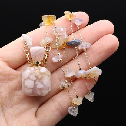Perfume Bottle Necklace Natural Stone Cherry Blossom Agate Perfume Bottle Pendant For Women Christmas Halloween Gift Chain 80cm - AMULET RING STORE