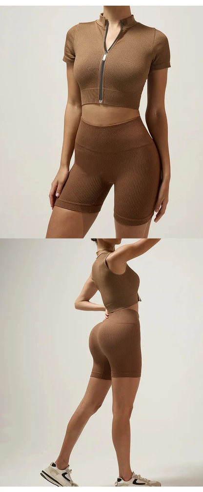 Fitn Yoga Clothes Set High Collar Zipper Bal ort Sve Long Sve orts Women's Sportswear Tee-quarter Length ...