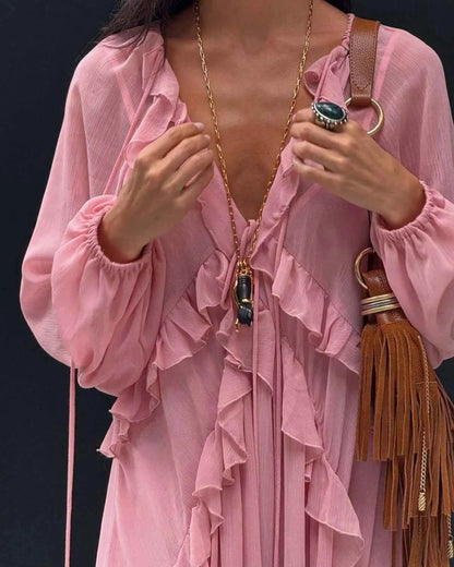 European and American style 2025 early autumn new layered ruffled long-sleeved chiffon dress