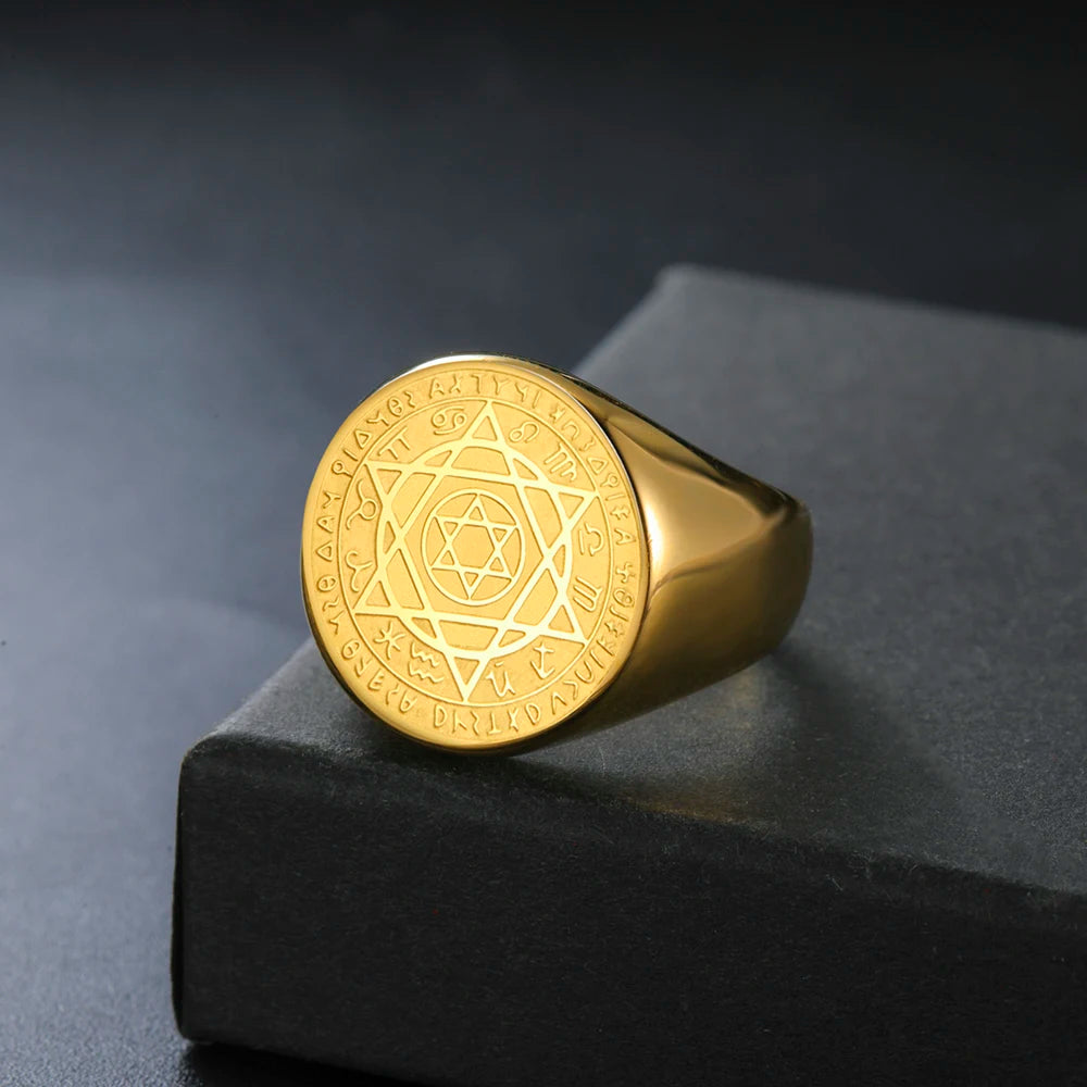 Dawapara Talisman Seal Solomon Ring Hexagram 12 Constellation Kabbalah Prosperity Good Health Amulet Stainless Steel Jewelry - AMULET RING STORE