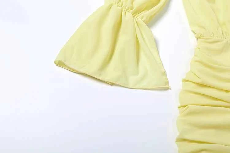 Sisterlinda Ruched Elegant Dress Women Sexy Hollow Ruffles Shirring Slash Neck Backless Puff Sleeve Street Fashion Mini Bodycon