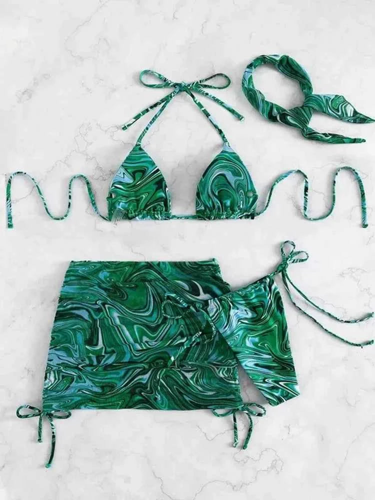 2024 New Wave Print Swimsuit Sexy Bathing Suits 4 Piece Bikinis Beach Sarong Micro Thong Swimwear Women Beachwear