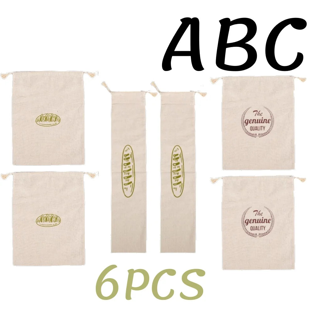 1/6pcs Reusable Linen Bread Bag Baking Storage Container for Toast Unbleached Preservation Bag with Drawstring Kitchen Organizer - AMULET RING STORE