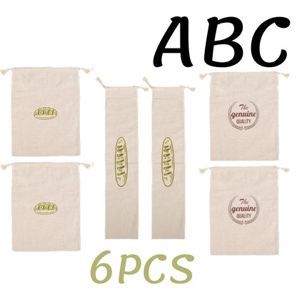 1/6pcs Reusable Linen Bread Bag Baking Storage Container for Toast Unbleached Preservation Bag with Drawstring Kitchen Organizer - AMULET RING STORE