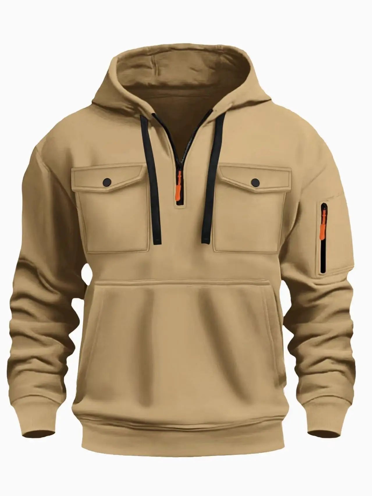 New autumn and winter men's hooded sweatshirt with multiple pockets, long sleeved hooded wool top, men's casual sports jacket