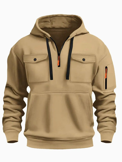 New autumn and winter men's hooded sweatshirt with multiple pockets, long sleeved hooded wool top, men's casual sports jacket