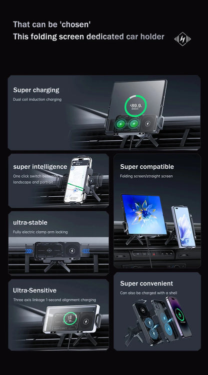2-in-1 Car Wireless Charger Dual Coil Fold Screen Phone Fast Charging For Samsung Galaxy Z Fold 5 6 Air Vent Car Phone Holder