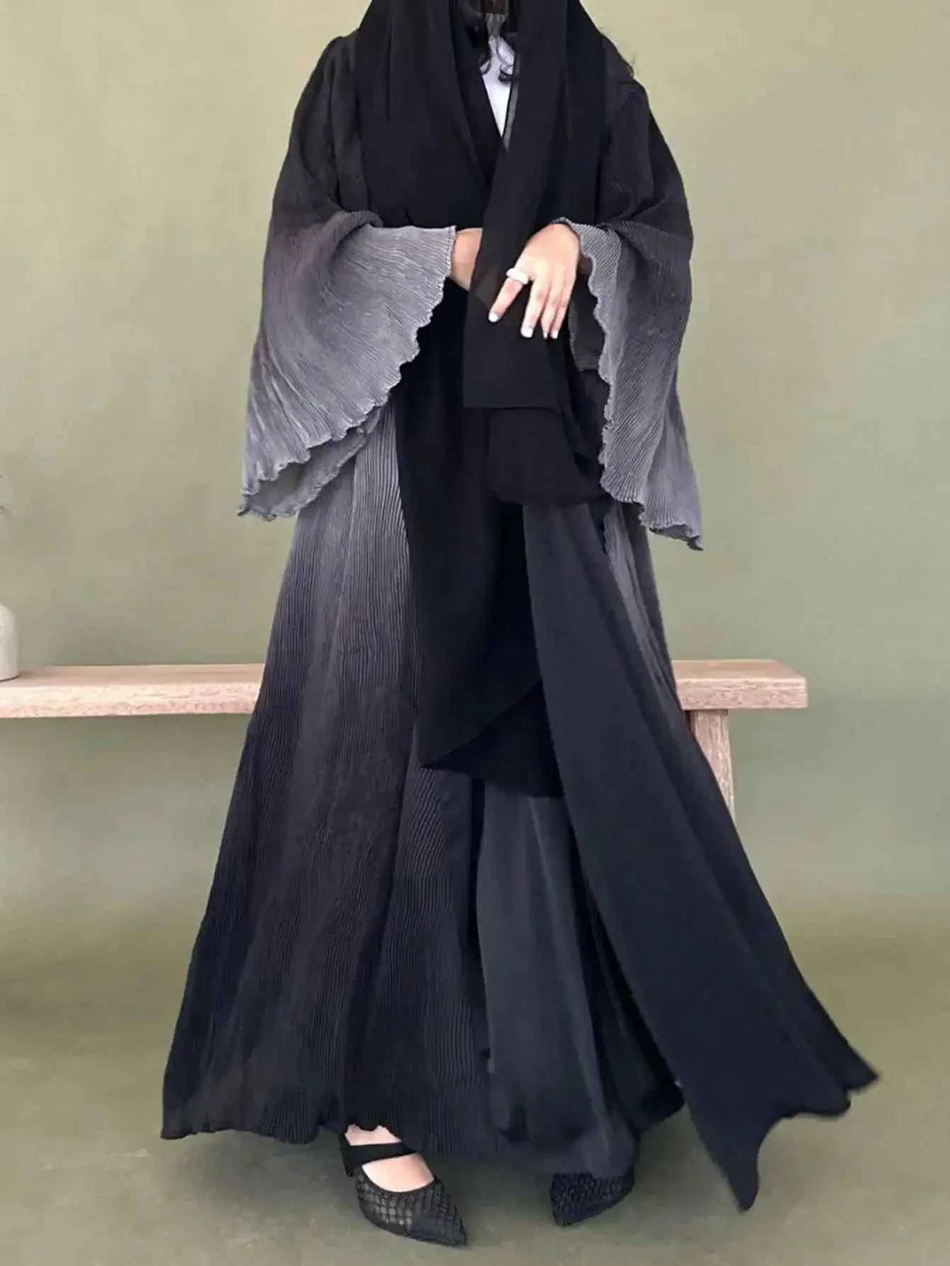 Middle Eastern Women Abayas Casual Kaftans Arabian Maxi Dresses Long Sleeve Pleated Open Front Abaya Jilbabs Without Hajib