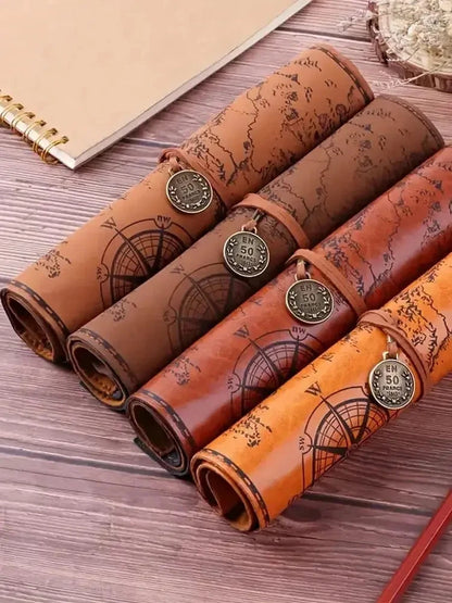 Vintage Treasure Map Pencil Case, Leather Roll-Up Pouch w/ Embossed Buckle, Large Capacity School Office Organizer (Gift) - AMULET RING STORE
