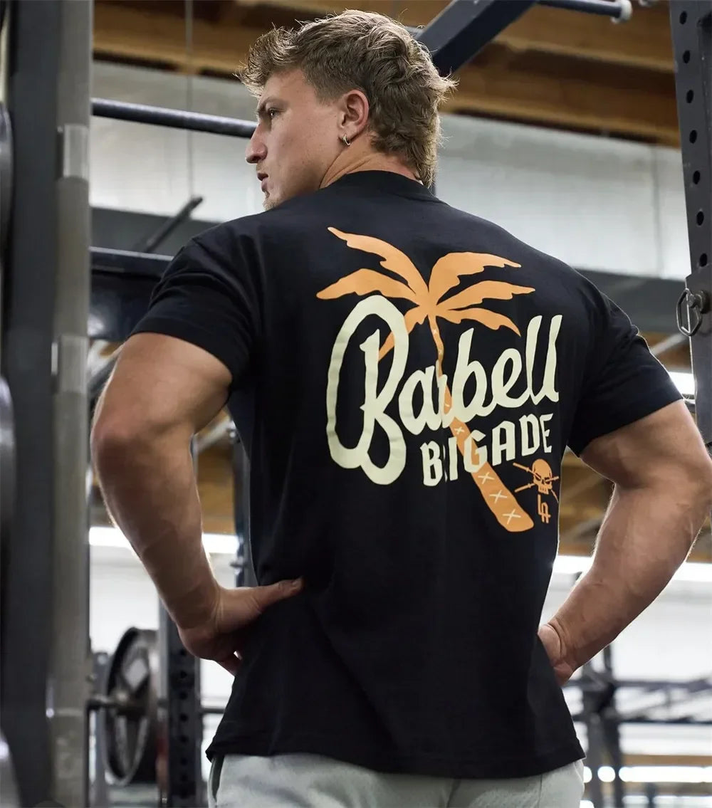 Barbell Brigade PALM TREE TEE Muscle Fitness Casual T-shirt Summer Men's Athleisure Workout Shirts Gym Sport Unisex Shirt Tops - AMULET RING STORE
