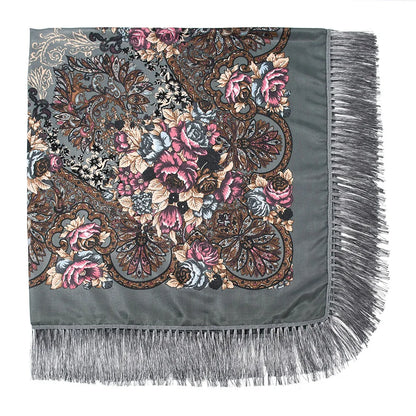 Russian Scarf Head Wrap for Women Luxury Ukrainian Manila Shawls Folk Cotton 160cm National Shawl Floral Print Travel Bandana - AMULET RING STORE