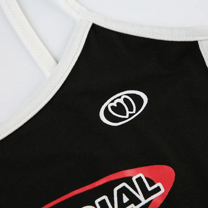 HEYounGIRL Tennis Style Spaghetti Strap Mini Dress Letter Print Contrast Color Sleeveless Women Short Dresses Summer Casual - AMULET RING STORE