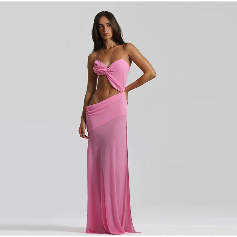 Vacation Hollow Out Mesh Long Sling Dress For Women Y2k Irregular Sleeveless Side Split Beach Suspender Dress Lady Evening Robe - AMULET RING STORE