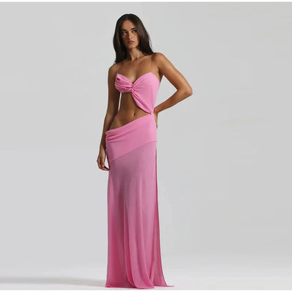 Vacation Hollow Out Mesh Long Sling Dress For Women Y2k Irregular Sleeveless Side Split Beach Suspender Dress Lady Evening Robe - AMULET RING STORE