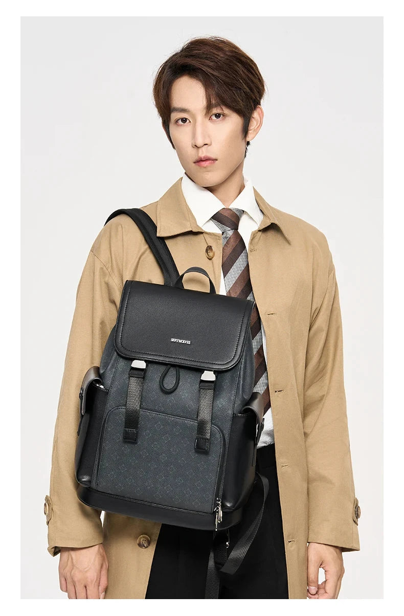 Septwolves Stylish Man Printed Leather Travel Backpack High Qualit Business Work Commuting Flip Print Monogram Laptop Backpack