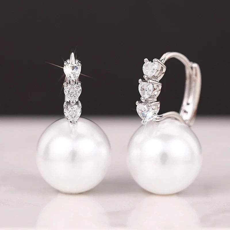 Huitan Bridal Wedding Earrings with Simulated Pearl Luxury Graceful Silver Color Shiny Heart Zirconia Accessories for Engagement - AMULET RING STORE