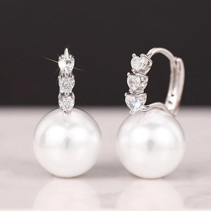 Huitan Bridal Wedding Earrings with Simulated Pearl Luxury Graceful Silver Color Shiny Heart Zirconia Accessories for Engagement - AMULET RING STORE