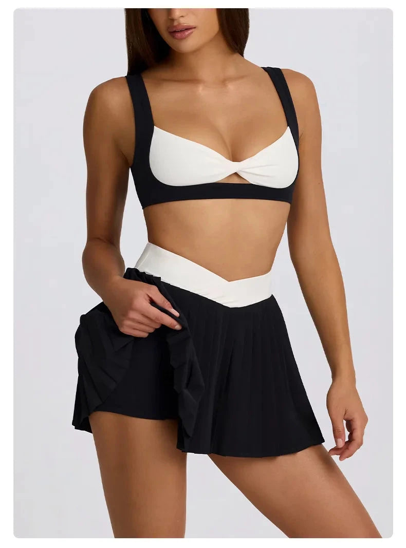 Sports Yoga Set 2 Pieces Women Tracksuit Sportswear Workout Running Clothing High Waist Short Skirt Sports Bra Athletic Wear