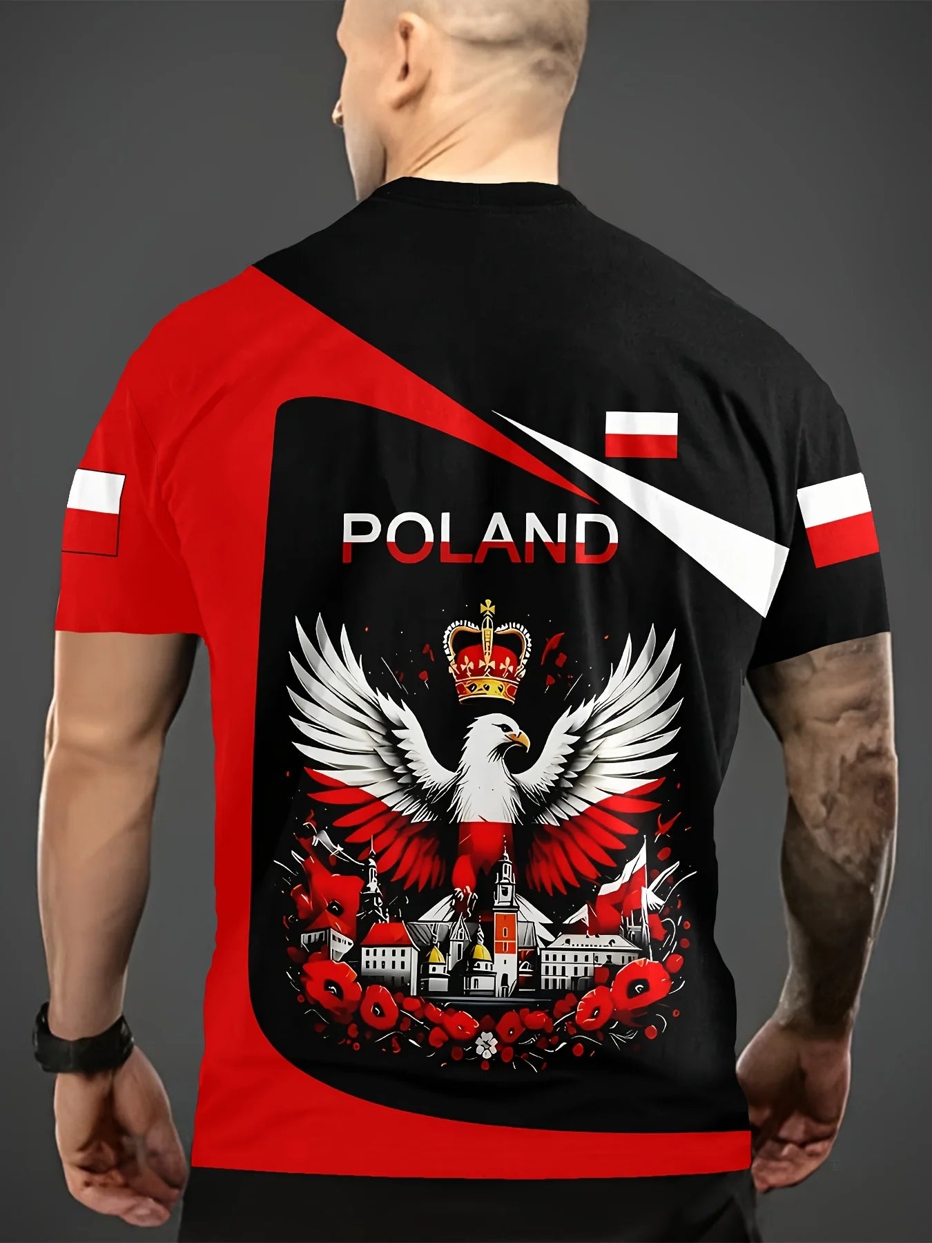 Men's 3D Eagle & Polish Flag Graphic T-Shirt - Patriotic Poland Design Black with Red & White Accents Casual Round Neck Tee - AMULET RING STORE