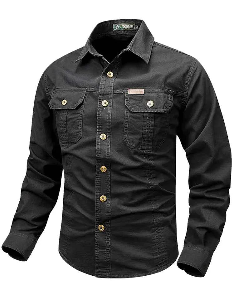 Retro Cargo style Men's Long Sleeve Shirt With Pocket Design, Men'sCasual Button Up Shirt For Spring Fall Qutdoo
