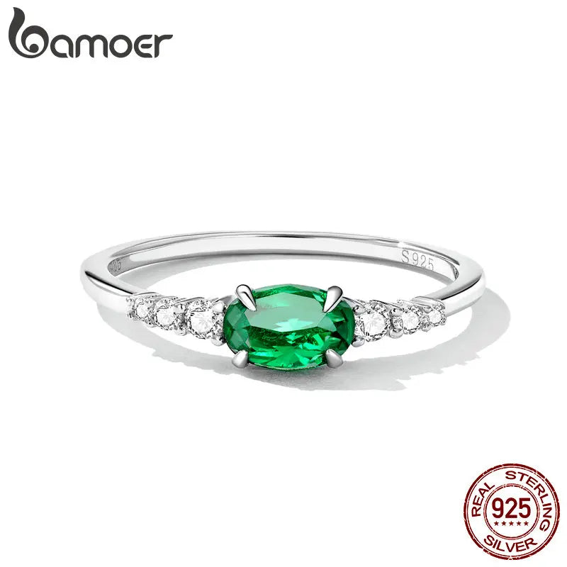 BAMOER 925 Sterling Silver Oval Gemstone Ring for Women Green Pink Zirconium Prongs Setting Ring Wedding Bridal Jewelry Gift