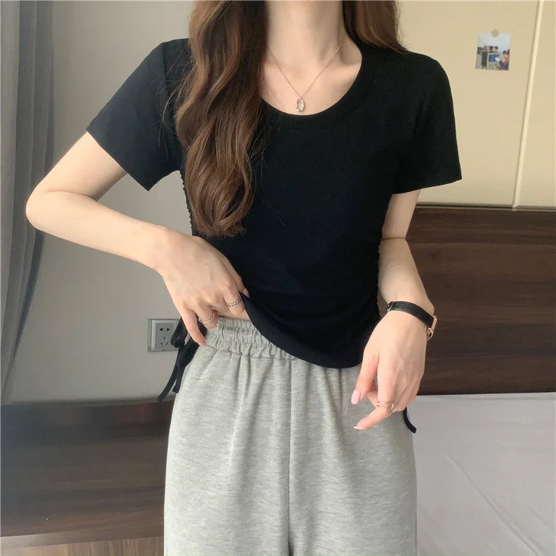 Drawstring Short Sleeve T-shirt Women Spring Summer Spicy Style Slim Fit Short Unique Top M L Xl 2XL Korean Casual Style - AMULET RING STORE