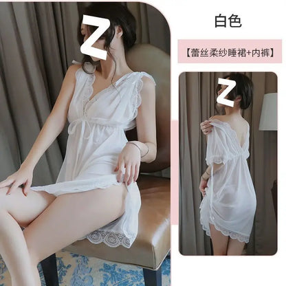 Sexy Sleepwear Women V-neck Nightgown Sexy Nightdress Lace Mesh Pajama Loungewear Summer Dress Nightwear Night Wear