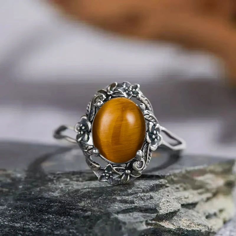 Vintage 925 Sterling Silver Ring Irregular Flowers Natural Rose Quartz Punk Ring Bohemian Silver Ring Fine Jewelry For Women