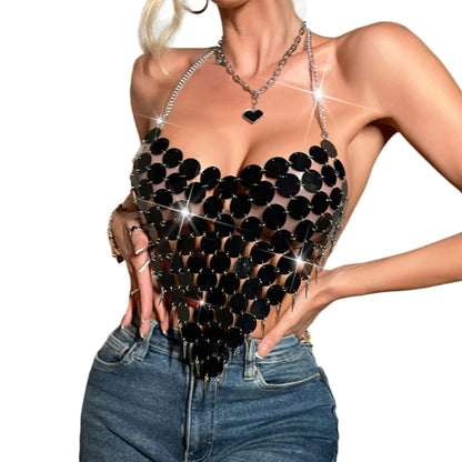 Women Sexy Sequins Tassels Halter Crop Top Glitter Backless Camisole Body Chain - AMULET RING STORE