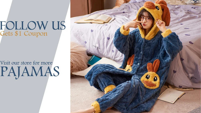 2024 Winter Pajamas For Women Cartoon Hooded Long Robe Strawberry Jacket Cute Home Wear Sleepwear Kawaii Flannel Warm Bathrobe - AMULET RING STORE