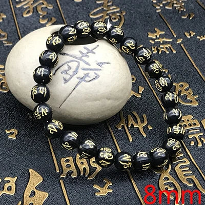 8/10/12/14mm Tibetan Buddhism Six Words Mantra Bracelets For Men Women Black Obsidian Amulet Lucky Bangles Jewelry with Gift Box