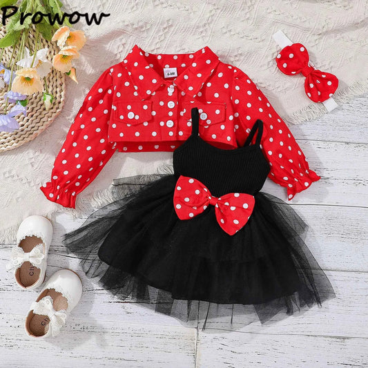 Prowow Infants Baby Birthday Dresses Red Polka Dots Coat Jacket+Bow Black Princess Dress Newborns Girl Cake Smash Outfits