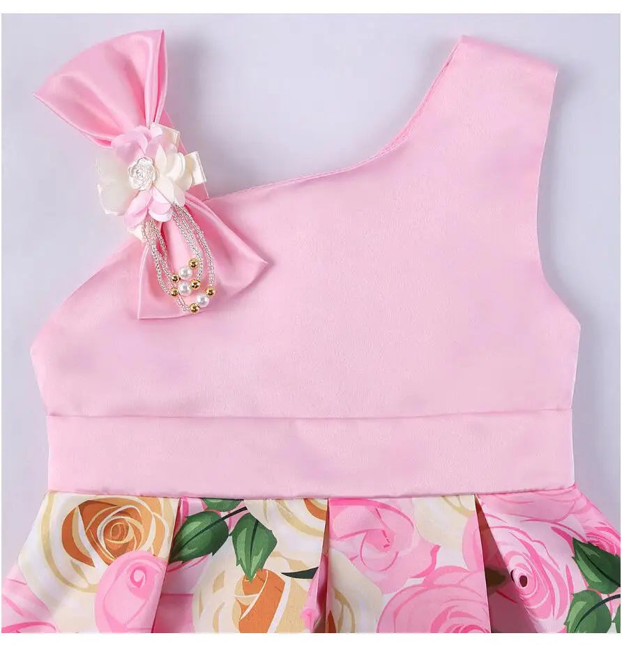 Summer Girls Rose Print Dress Princess Wedding Birthday Party Frocks Satin Children Vestidos Dresses For Girl Christmas Clothing