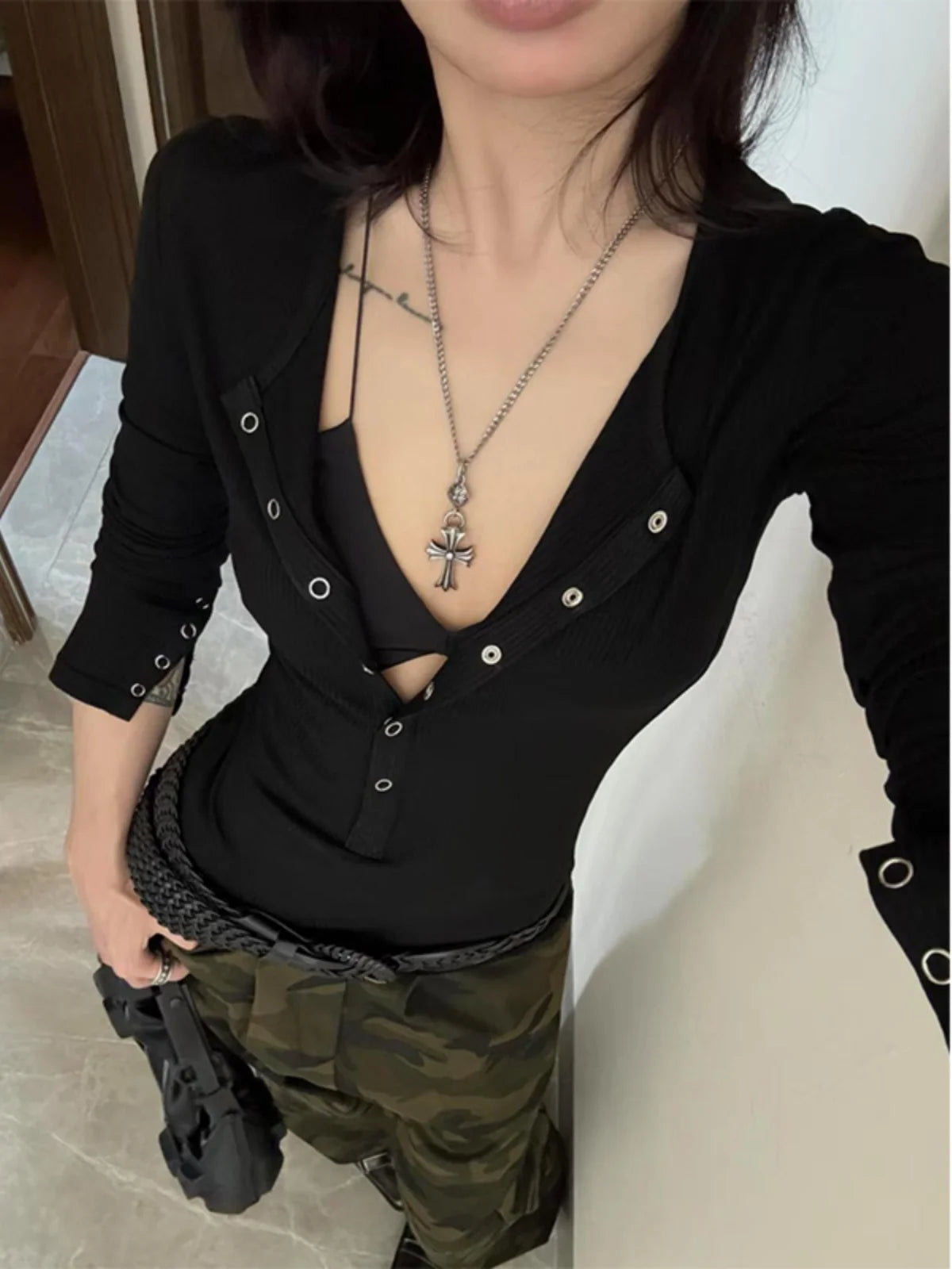 American Sle Hot Girl Long Sve T-irt Women Early Spring Inner Wear Slim Fit Tight Waist Top f Open Collar ort Sle