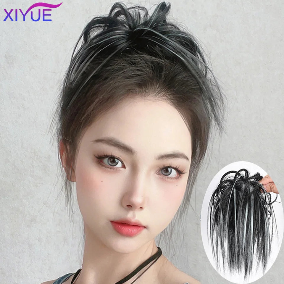 XIYUE Synthetic Messy Hair Bun Tousled Hairpiece Elastic Band Chignon Curly Scrunchie Updo Cover Hair Tail for Women Pink - AMULET RING STORE