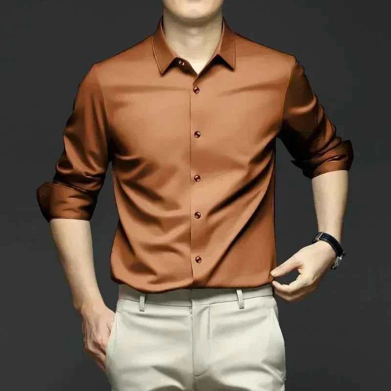 X-6XL Orange Men's Long Sleeve Shirt Luxurious Wrinkle Resistant and Non ironing Solid Business Casual Dress Shirt