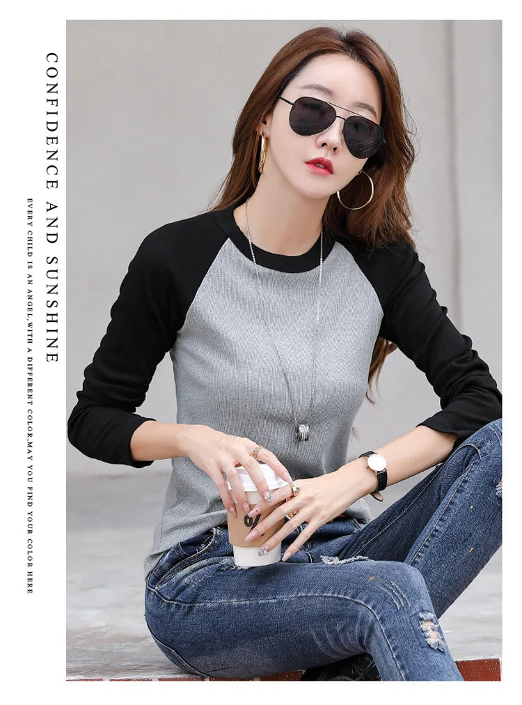 Cotton Slim T Shirt Women Contrast Color Womens Shirt Korean Fashion Clothing Long Sleeve Top 2024 Spring Autumn Tee Shirt Femme
