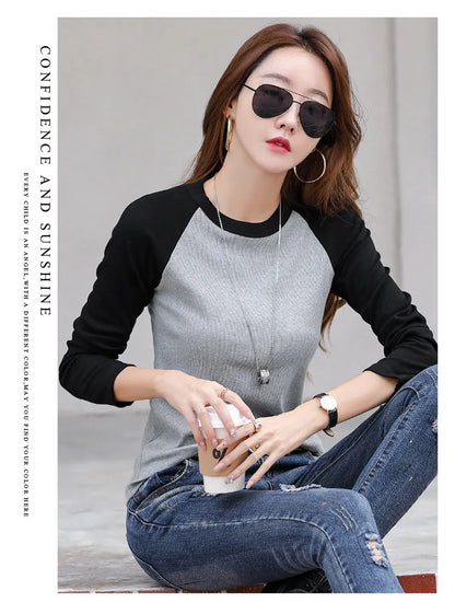 Cotton Slim T Shirt Women Contrast Color Womens Shirt Korean Fashion Clothing Long Sleeve Top 2024 Spring Autumn Tee Shirt Femme