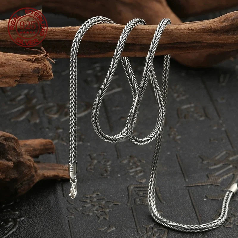 Real S925 Pure Silver Men's Necklace 1.6MM Foxtail Necklace for Men Individuality Vintage solid Silver Snake Bone Chain - AMULET RING STORE