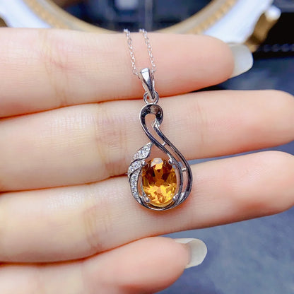 FS S925 Sterling Silver 7*9mm Natural Citrine Pendant Necklace With Certificate Fine Charm Weddings Jewelry for Women MeiBaPJ