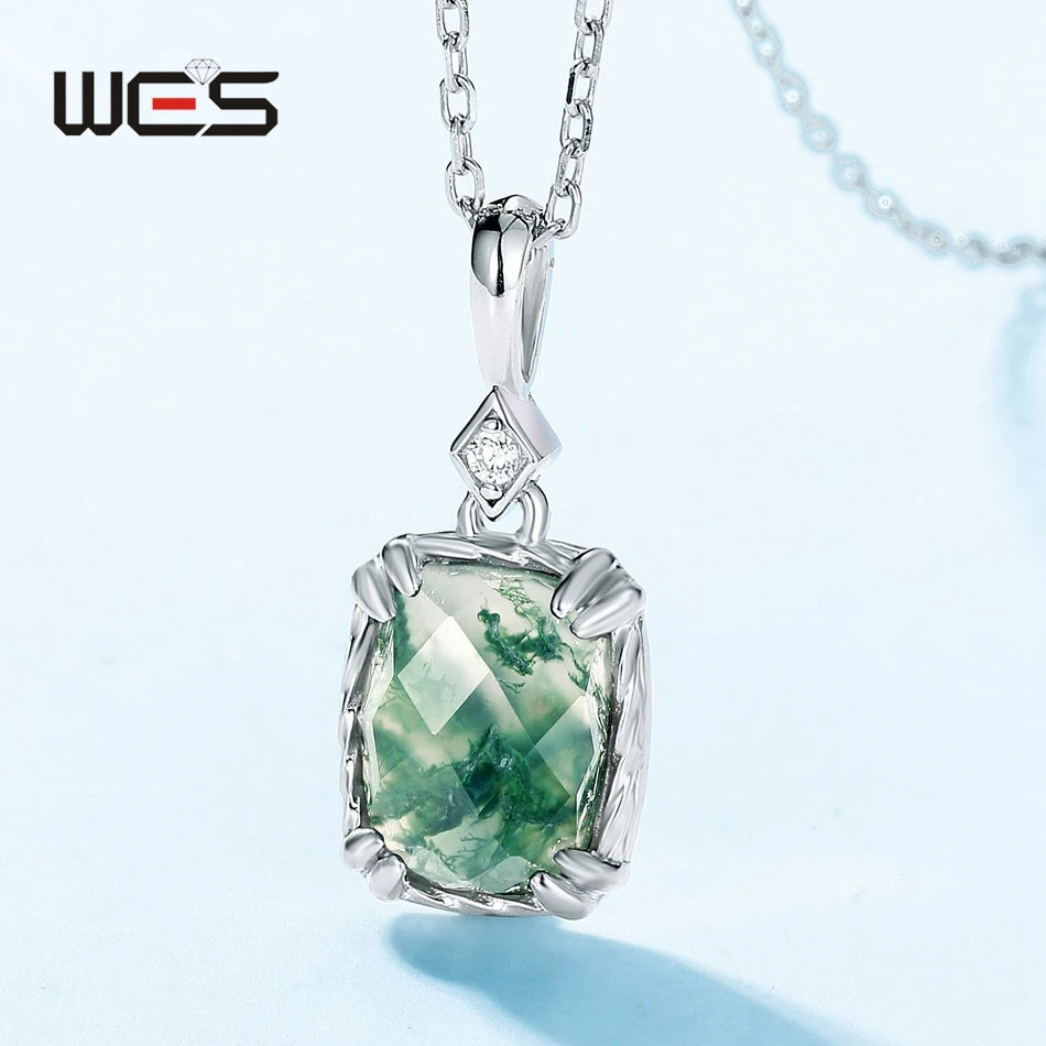 WES 100% 925 Silver Natural Unique Moss Agate Pendant Necklace for Woman Forest Jewelry Engagement Gift Boho Style Wholesale - AMULET RING STORE