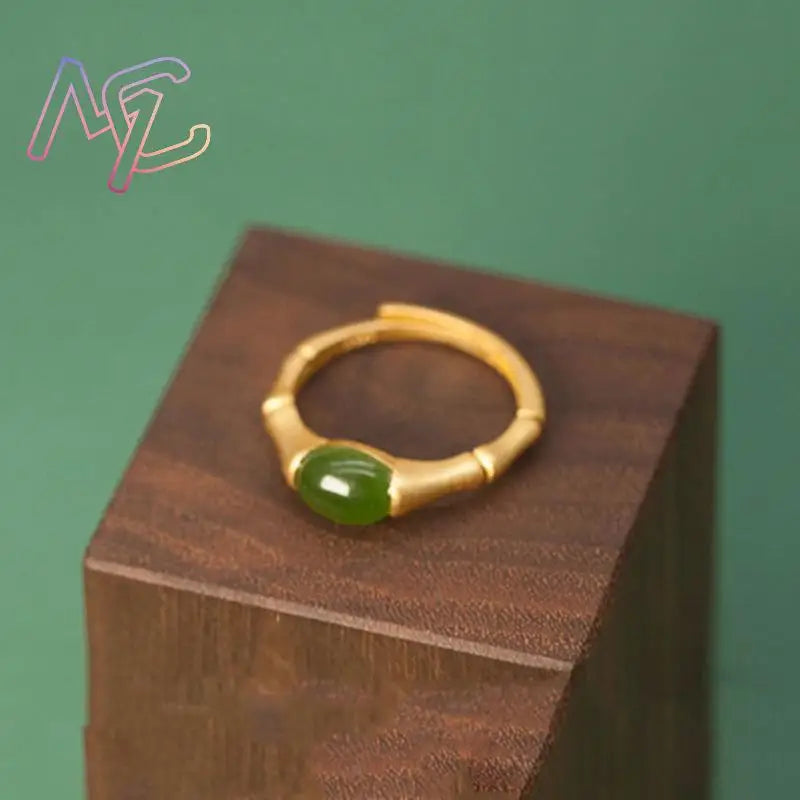 Green Natural Jade Bamboo Rings Stone Carved Gemstone Vintage Charm Lucky Talismans Adjustable Ring Real Jewelry