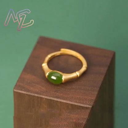 Green Natural Jade Bamboo Rings Stone Carved Gemstone Vintage Charm Lucky Talismans Adjustable Ring Real Jewelry