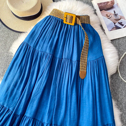 White High Waist A-Line Midi Skirt Women's Summer Casual Flared Cake Skirt Korean Sle Baking Poer Skirt for Young Women
