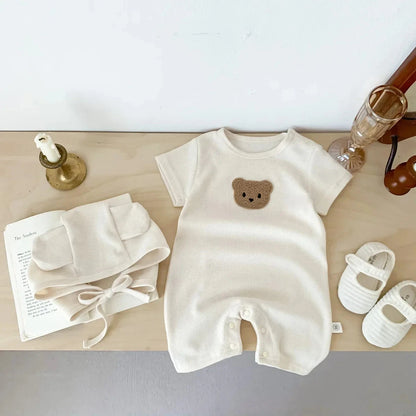 Cotton Romper Gift Hat with Ear New In Summer Kids Baby Girls Boys Short Sleeve Waffle Patch Bear Infant Newborn Jumpsuits - AMULET RING STORE
