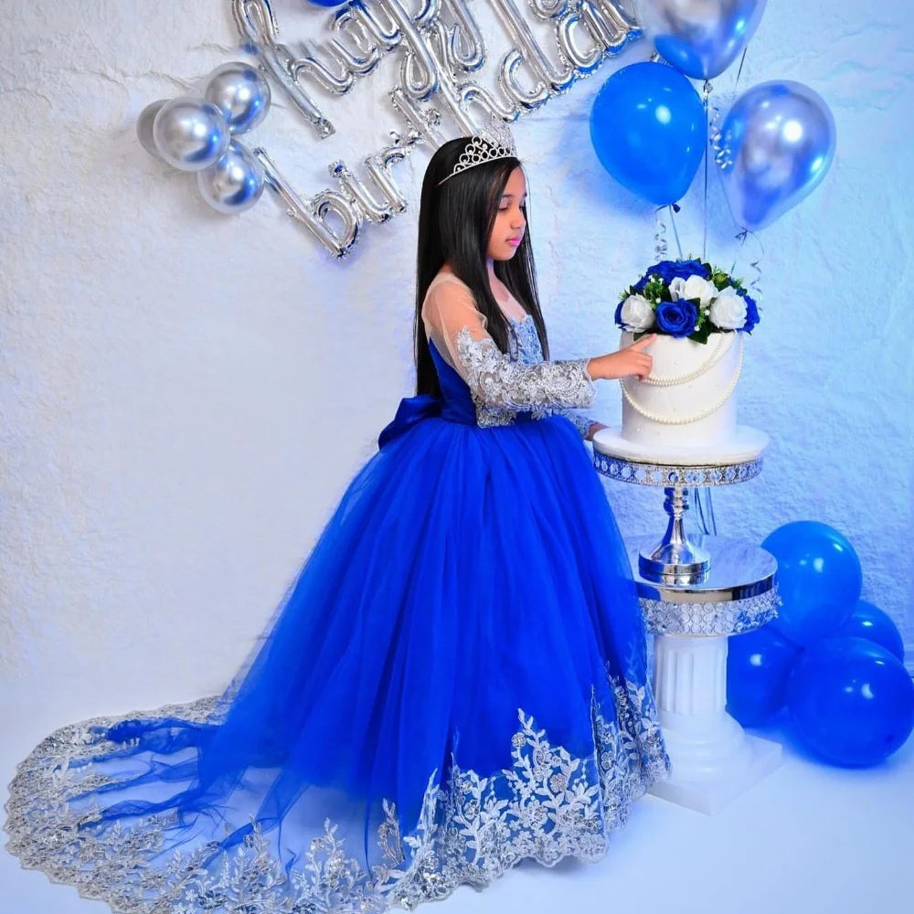Customized Royal Blue Princess Flower Girl Dress for Wedding Lace Appliques Full Sleeve Baby Birthday Dress First Communion Gown