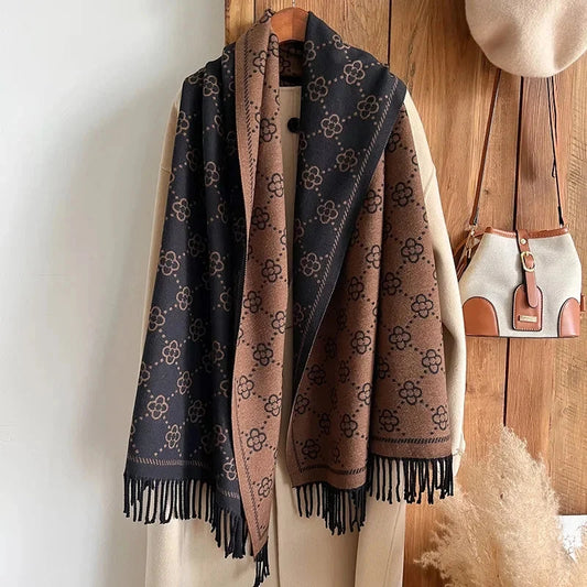 Women's Four Leaf Flower Shawl Core Spun Yarn Imitation Cashmere Tassel Warm Scarf Air Conditioning Shawl Scarf Autumn Winter