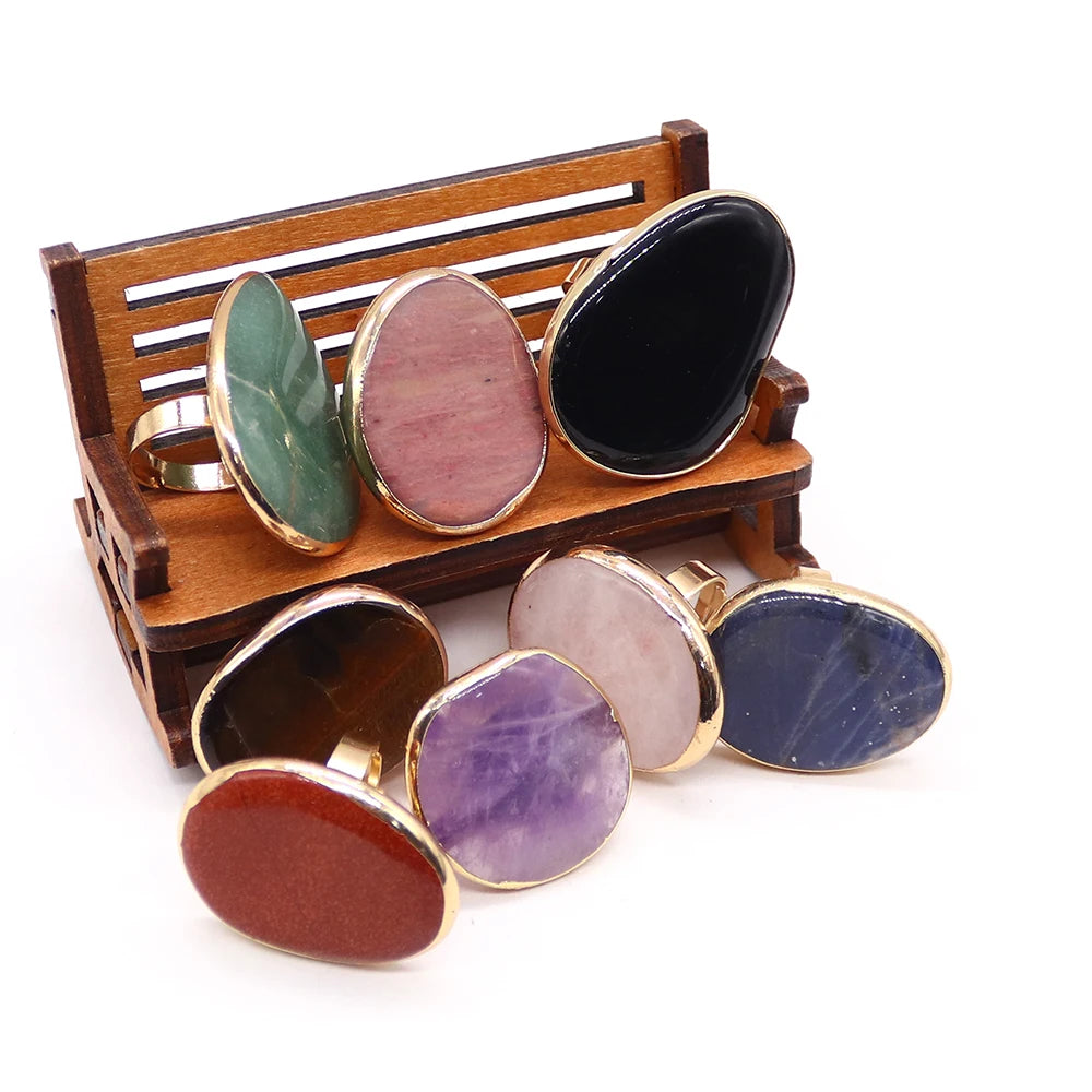 Irregular Natural Amethyst Rings Open Adjustable Green Aventurine Agate Finger Ring for Women and Men  Fashion Jewelry Ring Gift